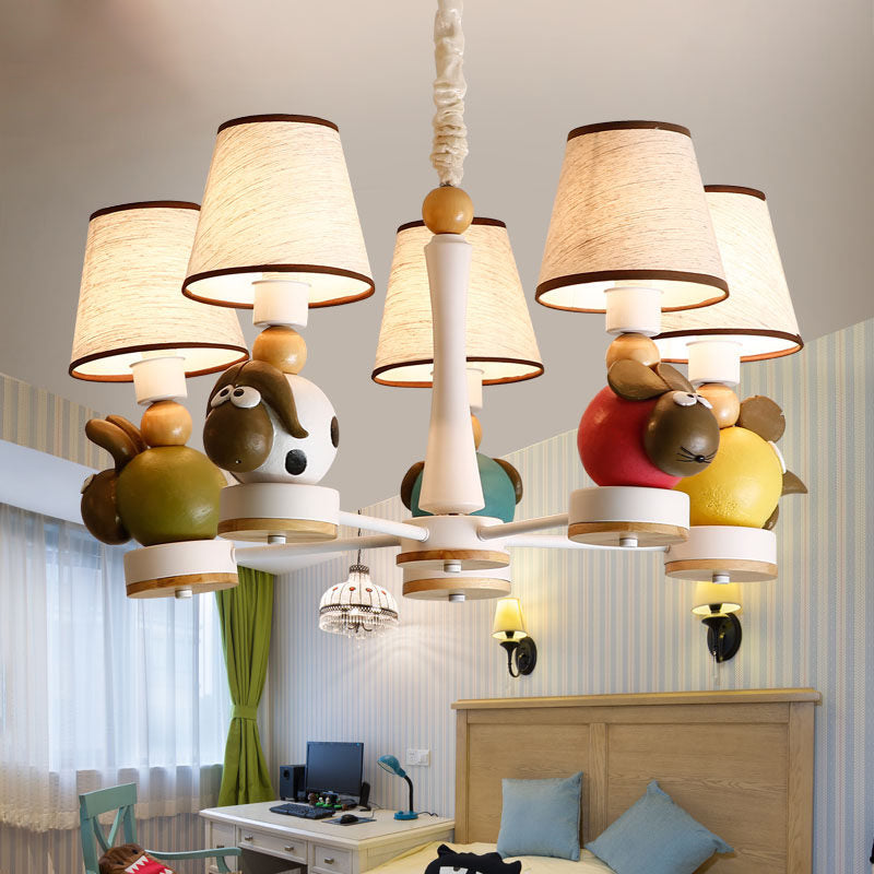 Resin Sheep Hanging Light with Fabric Shade Living Room 5 Lights Cartoon Chandelier in Beige Clearhalo 'Ceiling Lights' 'Chandeliers' Lighting' options 185708
