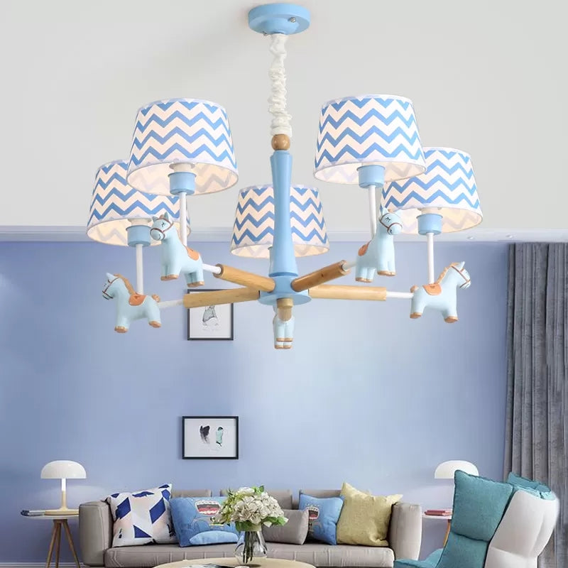 Boys Bedroom Carousel Hanging Light Wood 5 Heads Nordic Style Blue Chandelier Clearhalo 'Ceiling Lights' 'Chandeliers' Lighting' options 185734