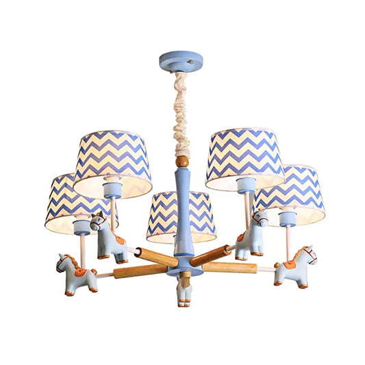 Boys Bedroom Carousel Hanging Light Wood 5 Heads Nordic Style Blue Chandelier Clearhalo 'Ceiling Lights' 'Chandeliers' Lighting' options 185736