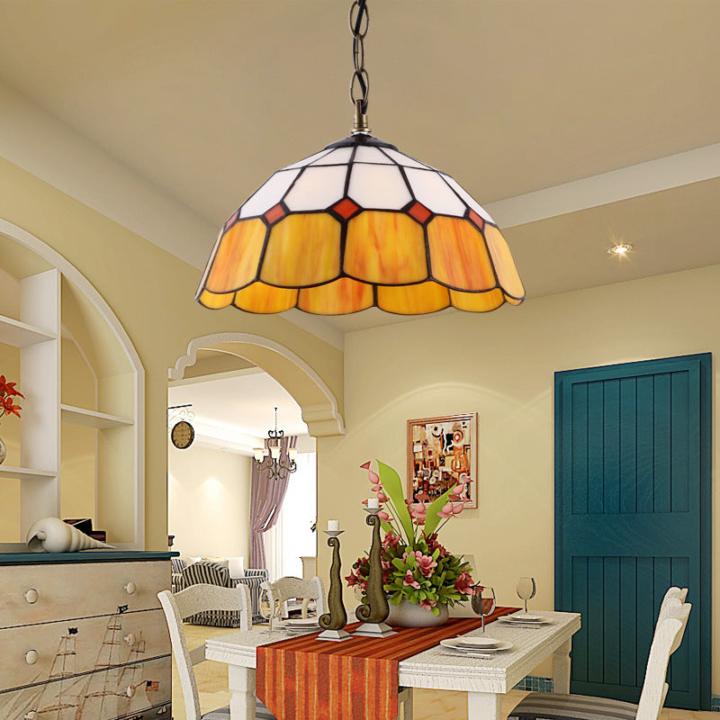 Domed Ceiling Light Tiffany 1 Head Yellow/Blue Handcrafted Art Glass Suspended Lighting Fixture, 12"/16" Wide Yellow Clearhalo 'Ceiling Lights' 'Industrial' 'Middle Century Pendants' 'Pendant Lights' 'Pendants' 'Tiffany close to ceiling' 'Tiffany Pendants' 'Tiffany' Lighting' 185763