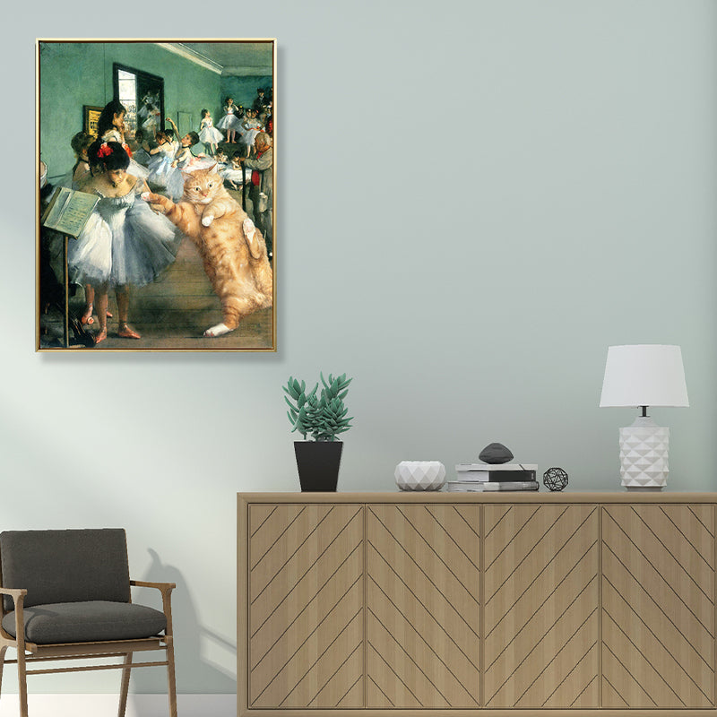 Dance Party Cat Wall Art Print Green Canvas-Made Wall Decor for Living Room, Textured Clearhalo 'Arts' 'Canvas Art' 1858145