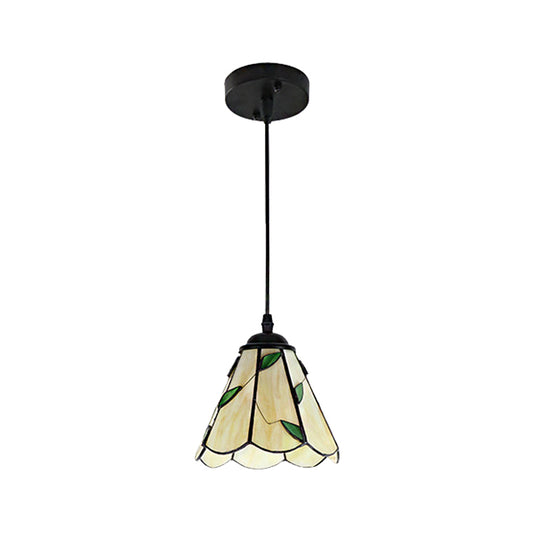 Silver/Black 1 Head Pendant Lamp Tiffany-Style Stained Glass Tapered Hanging Light Fixture with Leaf Pattern Clearhalo 'Ceiling Lights' 'Industrial' 'Middle Century Pendants' 'Pendant Lights' 'Pendants' 'Tiffany close to ceiling' 'Tiffany Pendants' 'Tiffany' Lighting' 185814