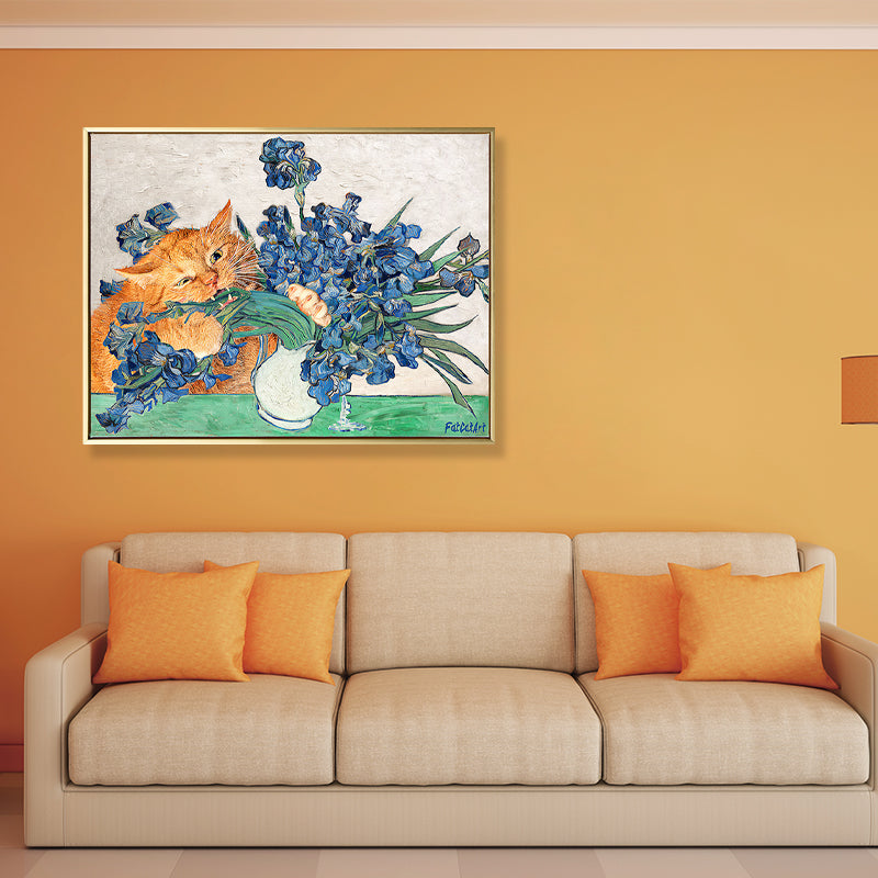 Naughty Cat and Vase Canvas Living Room Animal Wall Art Print in Blue and Orange Clearhalo 'Arts' 'Canvas Art' 1858152