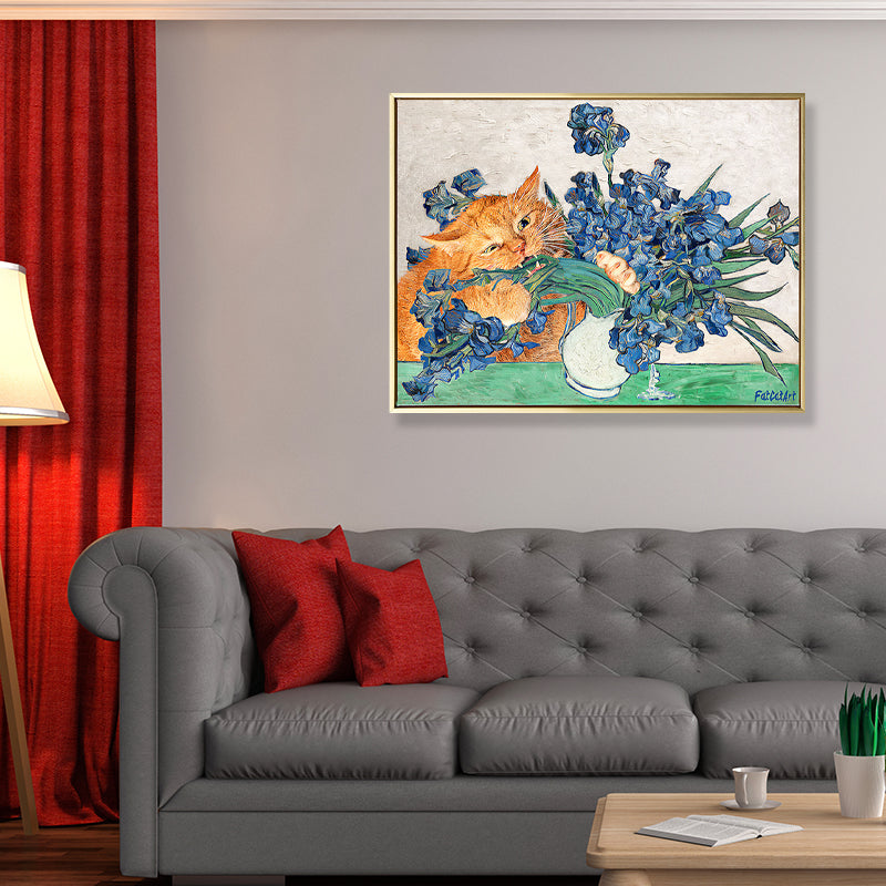 Naughty Cat and Vase Canvas Living Room Animal Wall Art Print in Blue and Orange Clearhalo 'Arts' 'Canvas Art' 1858153