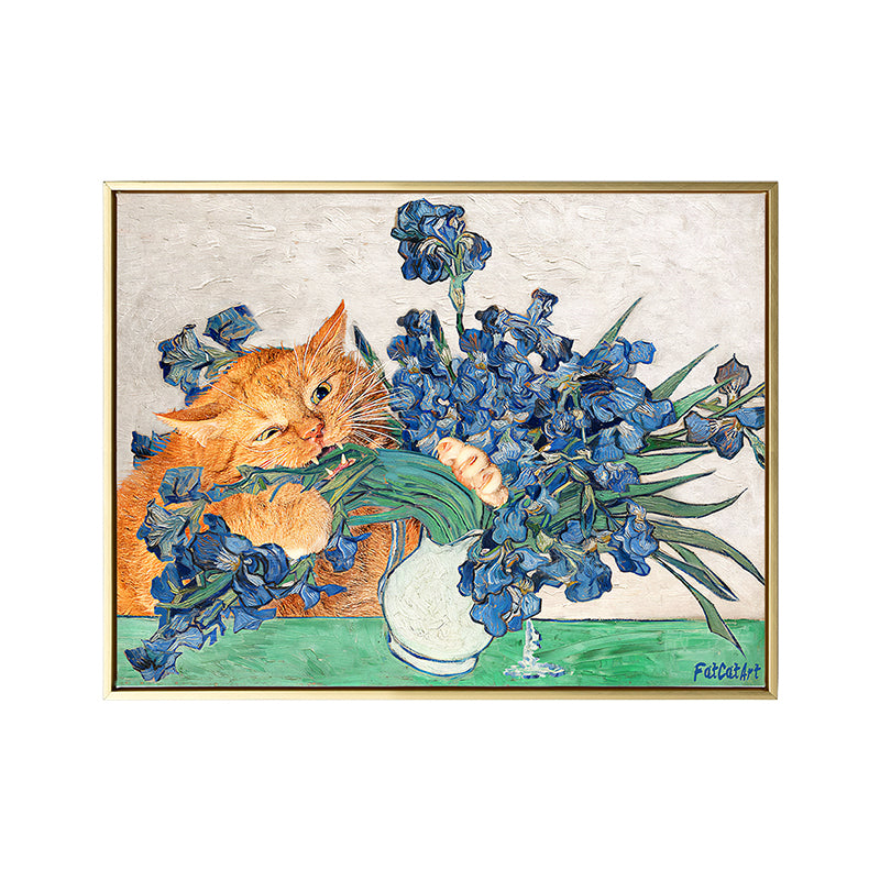 Naughty Cat and Vase Canvas Living Room Animal Wall Art Print in Blue and Orange Clearhalo 'Arts' 'Canvas Art' 1858154