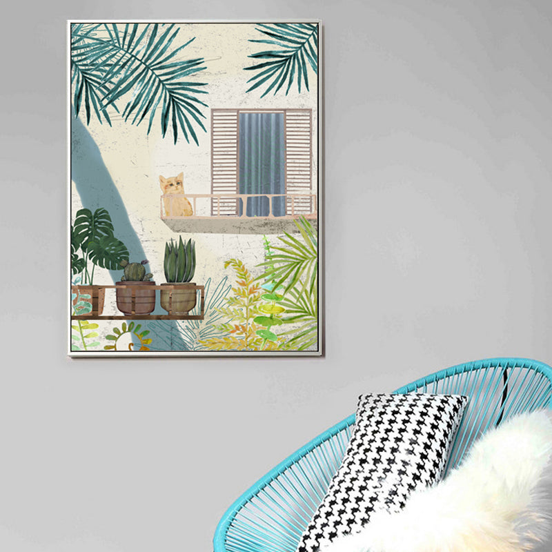 Painting Balcony Cat Canvas Print Girls Bedroom Still Life Wall Art in Green for Decor Clearhalo 'Arts' 'Canvas Art' 1858337