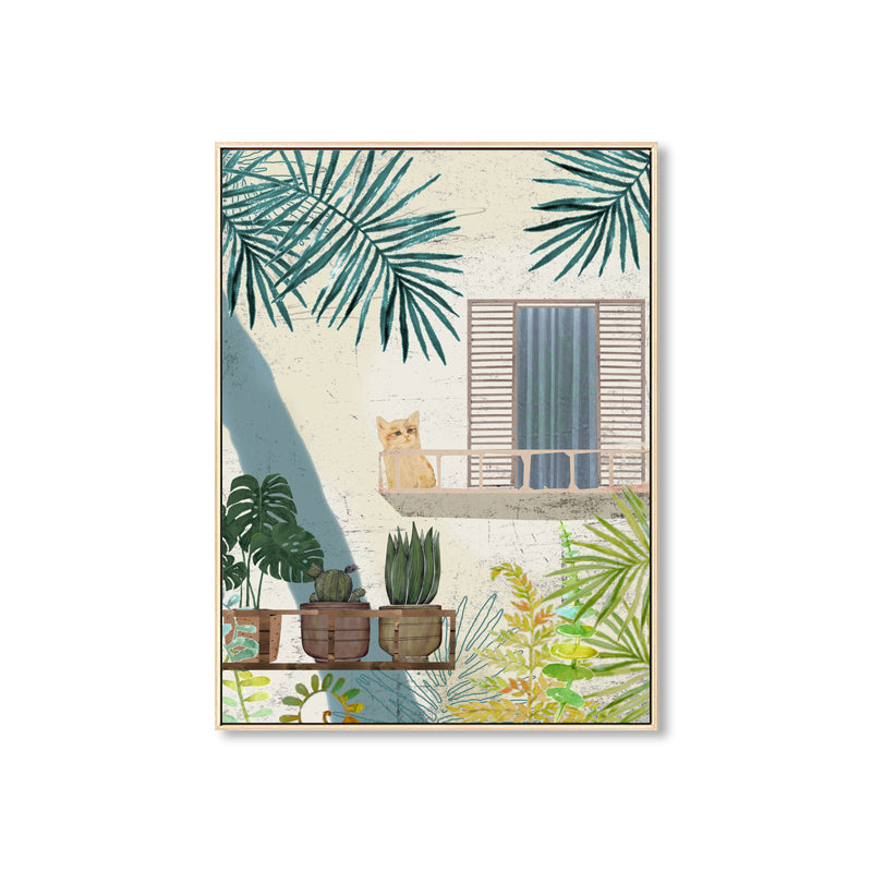 Painting Balcony Cat Canvas Print Girls Bedroom Still Life Wall Art in Green for Decor Clearhalo 'Arts' 'Canvas Art' 1858339