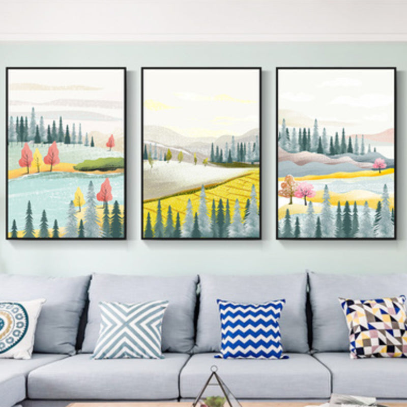 Illustration Trees Wall Art Set Nordic Pretty Scenery Canvas Print in Light Color Green Clearhalo 'Arts' 'Canvas Art' 1858412