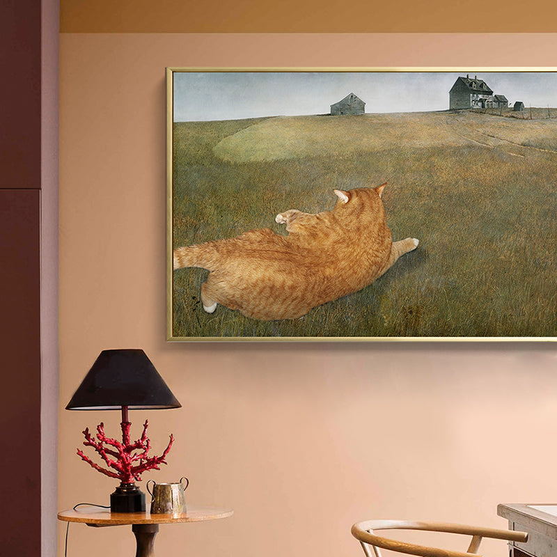 Green Meadow Fat Cat Art Print Textured Funky Living Room Canvas, Multiple Sizes Green Clearhalo 'Arts' 'Canvas Art' 1858439