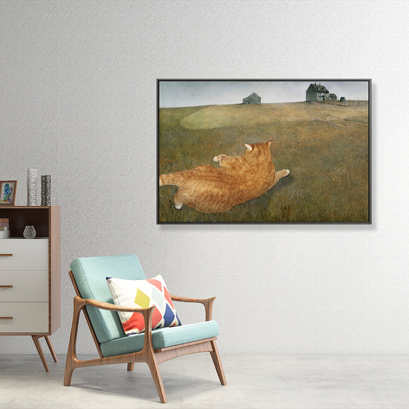 Green Meadow Fat Cat Art Print Textured Funky Living Room Canvas, Multiple Sizes Clearhalo 'Arts' 'Canvas Art' 1858440