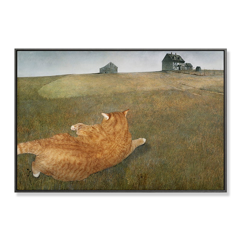 Green Meadow Fat Cat Art Print Textured Funky Living Room Canvas, Multiple Sizes Clearhalo 'Arts' 'Canvas Art' 1858442