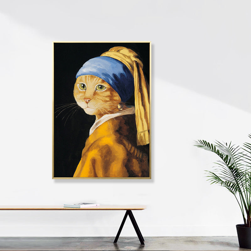 Yellow Cat Wearing Jewels Canvas Art Animal Pattern Funky Textured Wall Decor for Home Yellow Clearhalo 'Arts' 'Canvas Art' 1858446