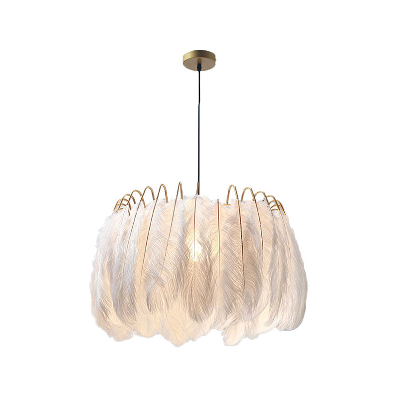 Romantic Drum Pendant Light 1 Light Feather & Metal Suspension Light in White for Adult Bedroom Clearhalo 'Ceiling Lights' 'Modern Pendants' 'Modern' 'Pendant Lights' 'Pendants' Lighting' 185895