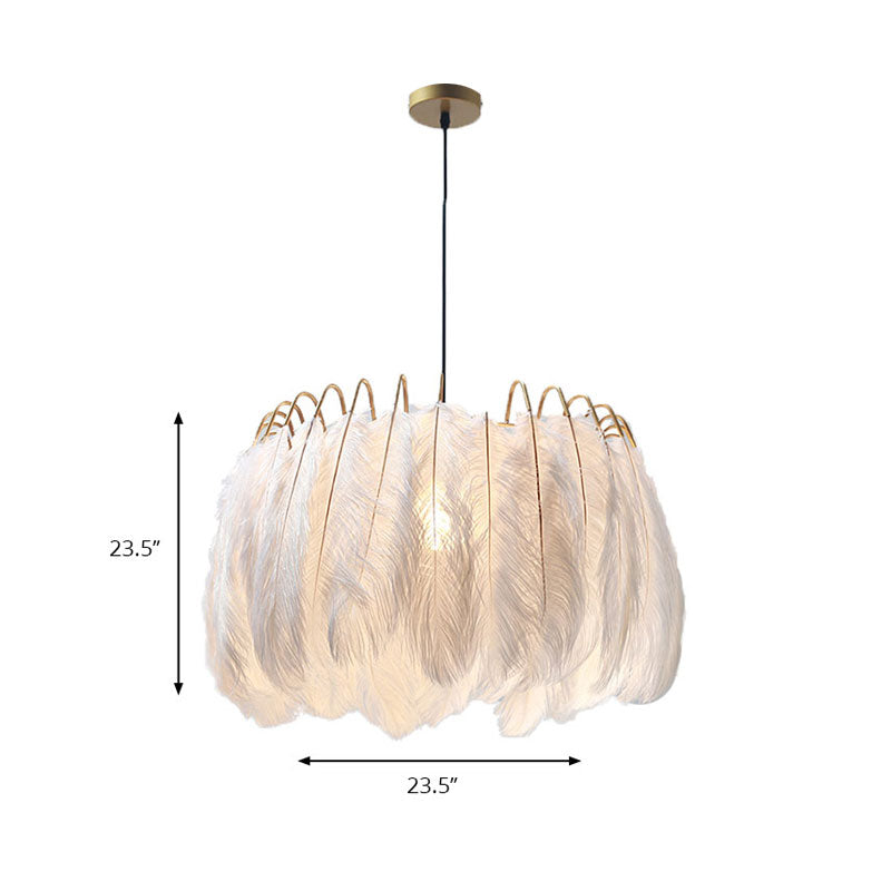 Romantic Drum Pendant Light 1 Light Feather & Metal Suspension Light in White for Adult Bedroom Clearhalo 'Ceiling Lights' 'Modern Pendants' 'Modern' 'Pendant Lights' 'Pendants' Lighting' 185896