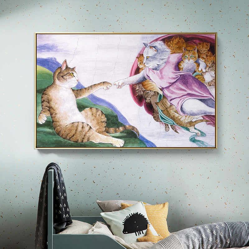 Cat Wall Art Funky Spoof the Creation of Adam Painting in Brown for Sitting Room Brown Clearhalo 'Arts' 'Canvas Art' 1859012