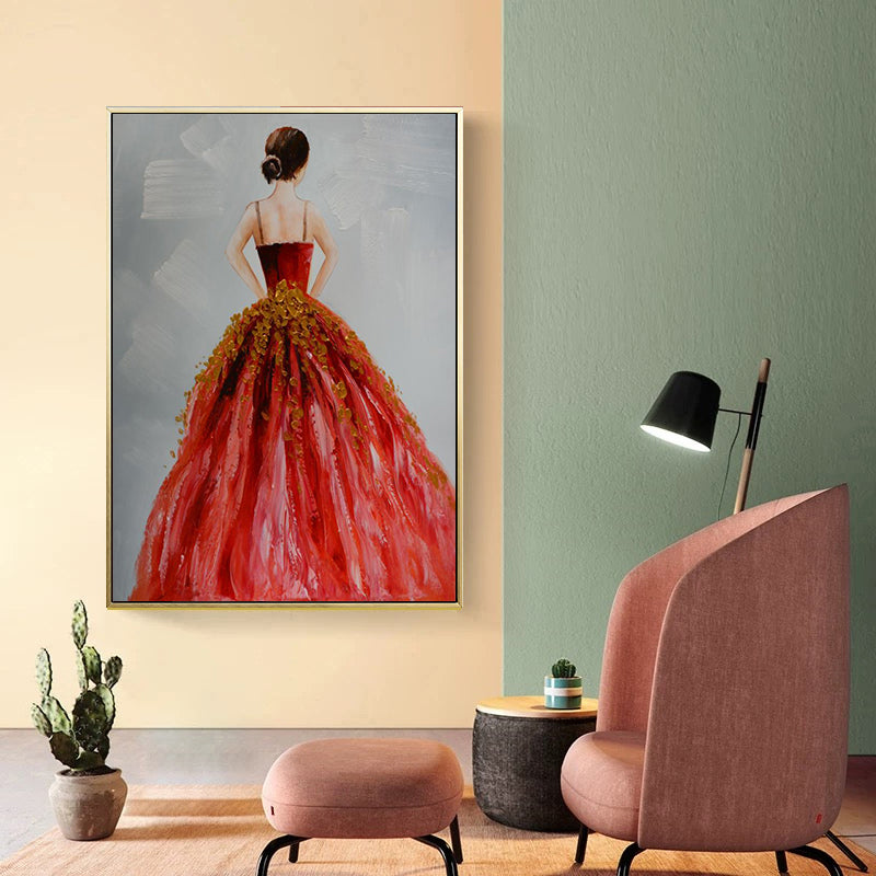 Dance Girl in Dress Canvas Print Soft Color Glam Style Painting for Living Room Dark Red Clearhalo 'Arts' 'Canvas Art' 1859213