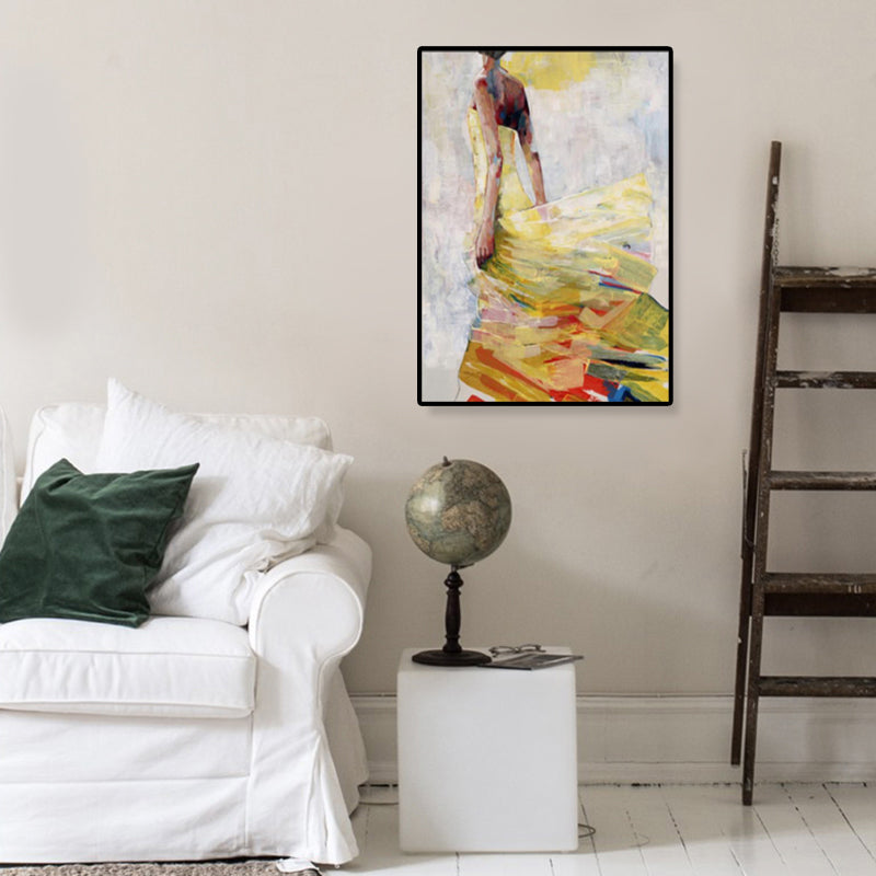 Dance Girl in Dress Canvas Print Soft Color Glam Style Painting for Living Room Yellow Clearhalo 'Arts' 'Canvas Art' 1859229