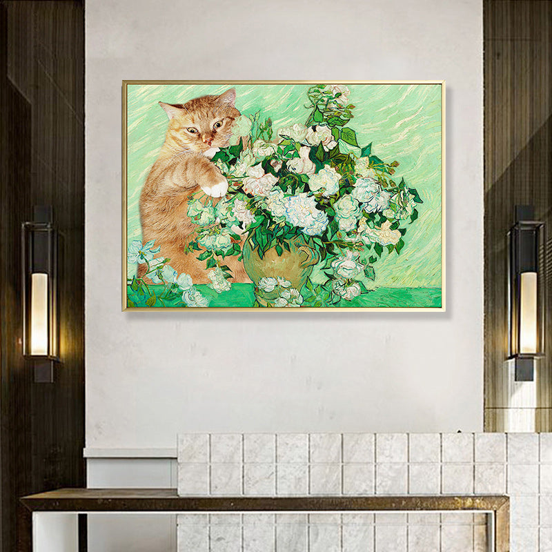 Cat and Flower Vase Art Print Green Funky Painting for Bedroom, Multiple Size Options Green Clearhalo 'Arts' 'Canvas Art' 1859237