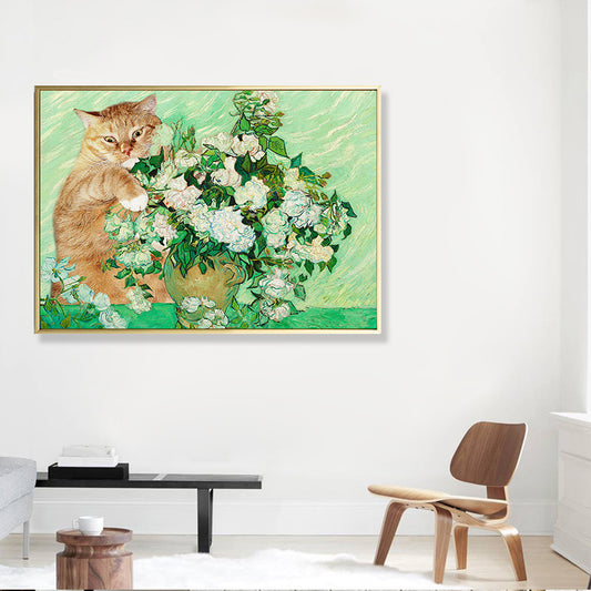 Cat and Flower Vase Art Print Green Funky Painting for Bedroom, Multiple Size Options Clearhalo 'Arts' 'Canvas Art' 1859238