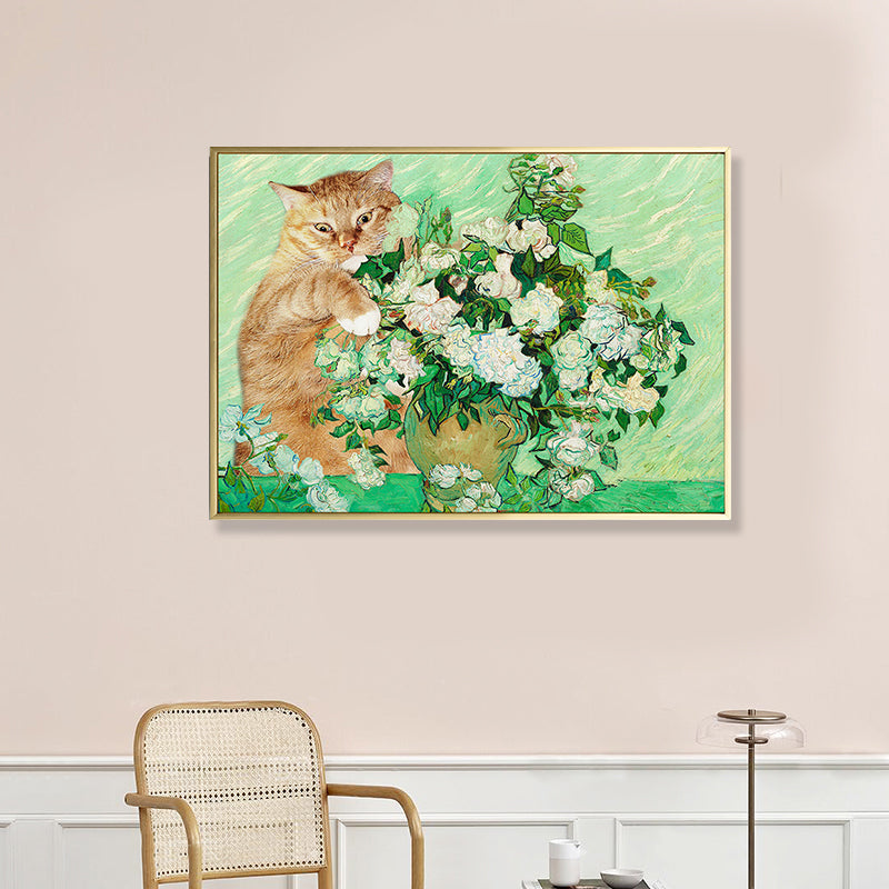 Cat and Flower Vase Art Print Green Funky Painting for Bedroom, Multiple Size Options Clearhalo 'Arts' 'Canvas Art' 1859239