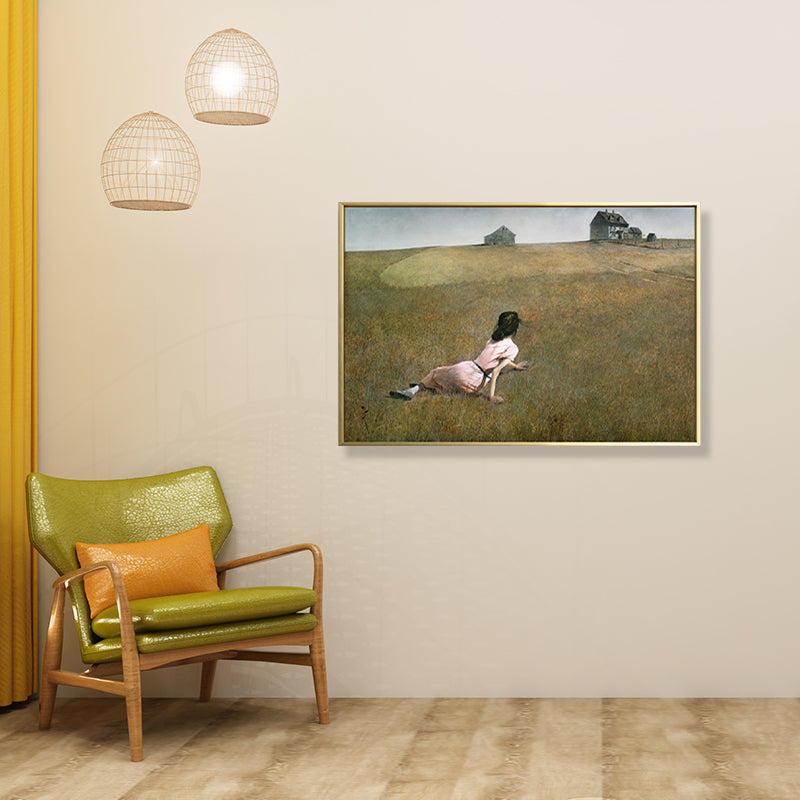 Painting Print Figure Canvas Art Funky Pretty Girl Lying on Meadow Wall Decor in Green for Room Clearhalo 'Arts' 'Canvas Art' 1859251