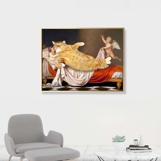 Cat and Angels Wall Decor Pop Art Textured Dining Room Canvas Print in Yellow-Brown Clearhalo 'Arts' 'Canvas Art' 1859258