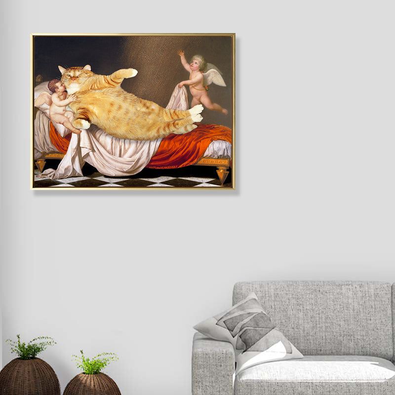 Cat and Angels Wall Decor Pop Art Textured Dining Room Canvas Print in Yellow-Brown Clearhalo 'Arts' 'Canvas Art' 1859259