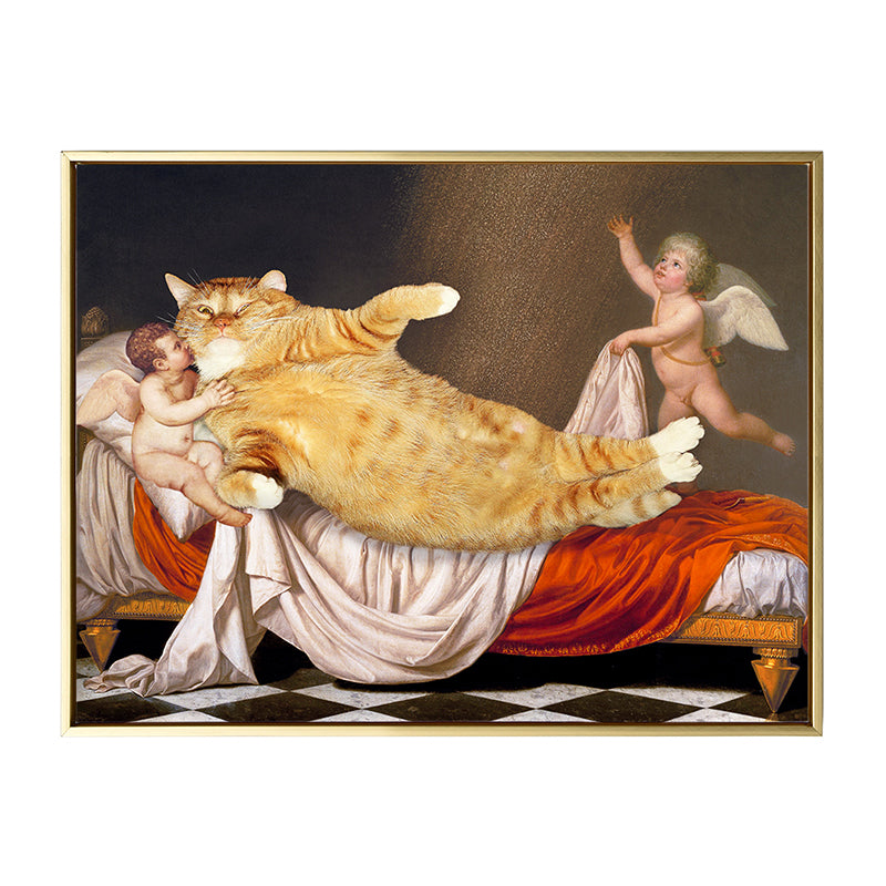 Cat and Angels Wall Decor Pop Art Textured Dining Room Canvas Print in Yellow-Brown Clearhalo 'Arts' 'Canvas Art' 1859260