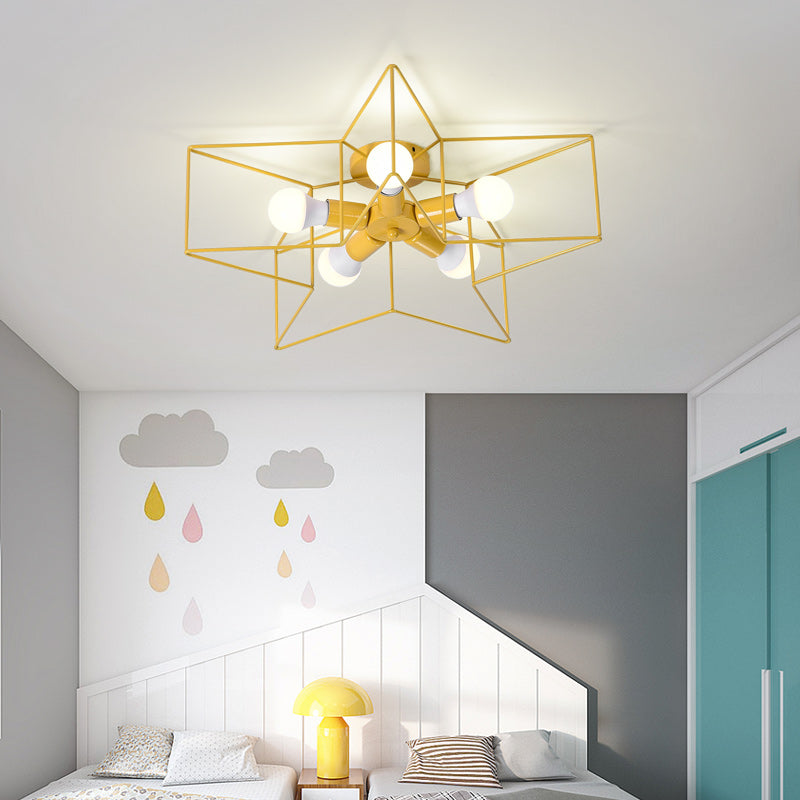 Kid Bedroom Star Cage Ceiling Mount Light Metal 5-Light Industrial Ceiling Lamp Yellow Clearhalo 'Ceiling Lights' 'Close To Ceiling Lights' 'Close to ceiling' 'Flush mount' Lighting' 185952