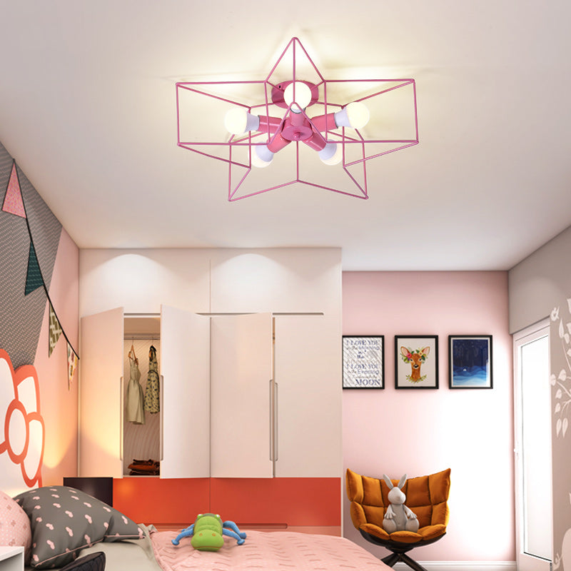 Kid Bedroom Star Cage Ceiling Mount Light Metal 5-Light Industrial Ceiling Lamp Pink Clearhalo 'Ceiling Lights' 'Close To Ceiling Lights' 'Close to ceiling' 'Flush mount' Lighting' 185956