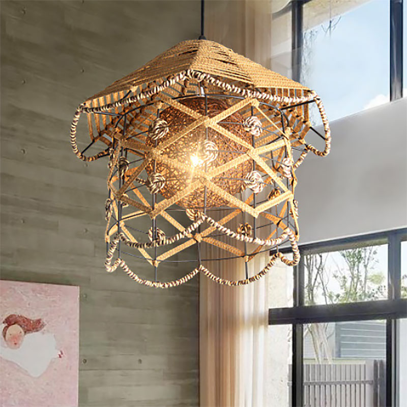 Beige Wire Frame Pendant Light 1 Light Asian Style Metal & Rope Hanging Lamp for Cottage Gold B Clearhalo 'Ceiling Lights' 'Modern Pendants' 'Modern' 'Pendant Lights' 'Pendants' Lighting' 185960