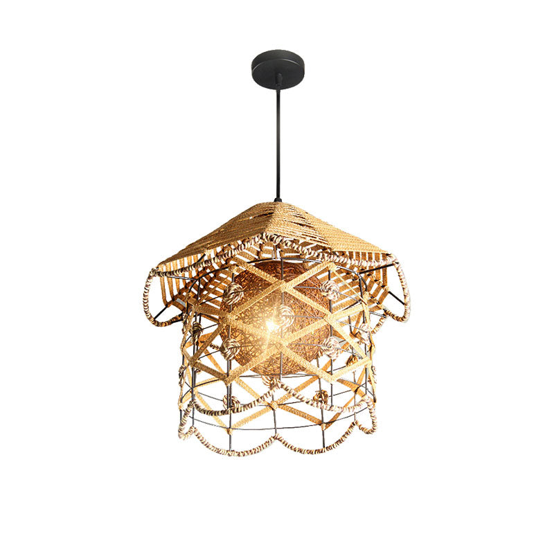 Beige Wire Frame Pendant Light 1 Light Asian Style Metal & Rope Hanging Lamp for Cottage Clearhalo 'Ceiling Lights' 'Modern Pendants' 'Modern' 'Pendant Lights' 'Pendants' Lighting' 185961