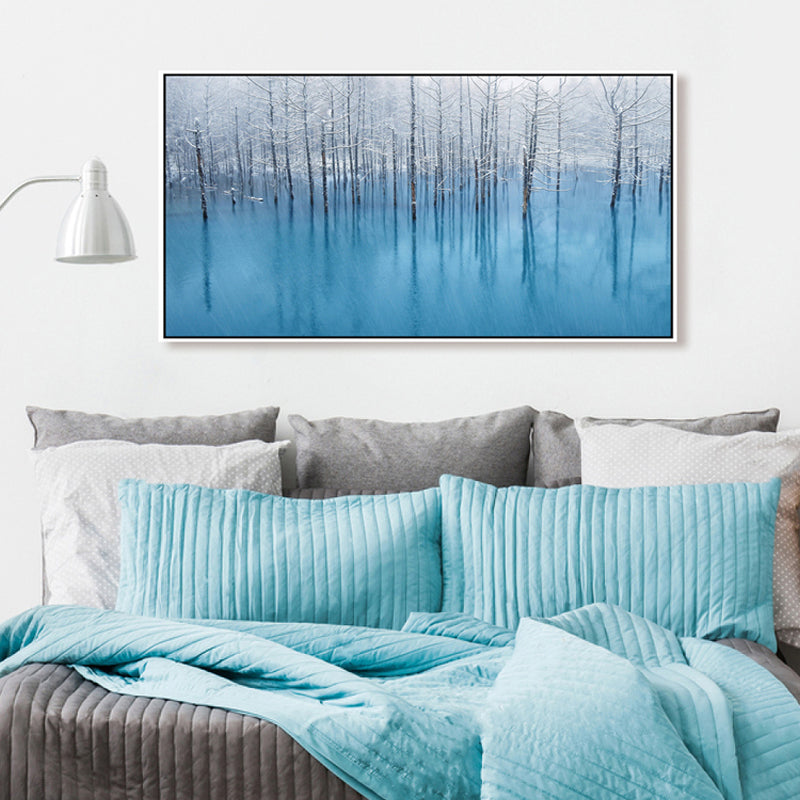 Impressionist Foggy Bare Trees Painting Blue Scenery Canvas Wall Art, Multiple Sizes Blue Clearhalo 'Arts' 'Canvas Art' 1859794