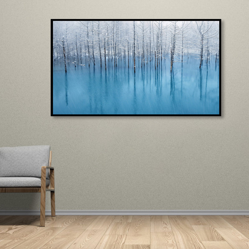 Impressionist Foggy Bare Trees Painting Blue Scenery Canvas Wall Art, Multiple Sizes Clearhalo 'Arts' 'Canvas Art' 1859795