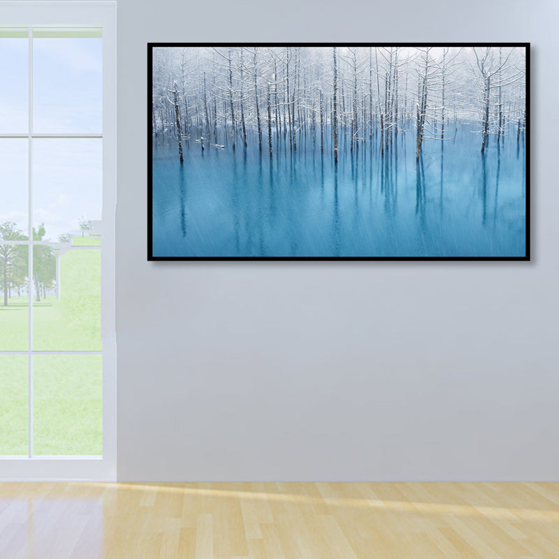 Impressionist Foggy Bare Trees Painting Blue Scenery Canvas Wall Art, Multiple Sizes Clearhalo 'Arts' 'Canvas Art' 1859796