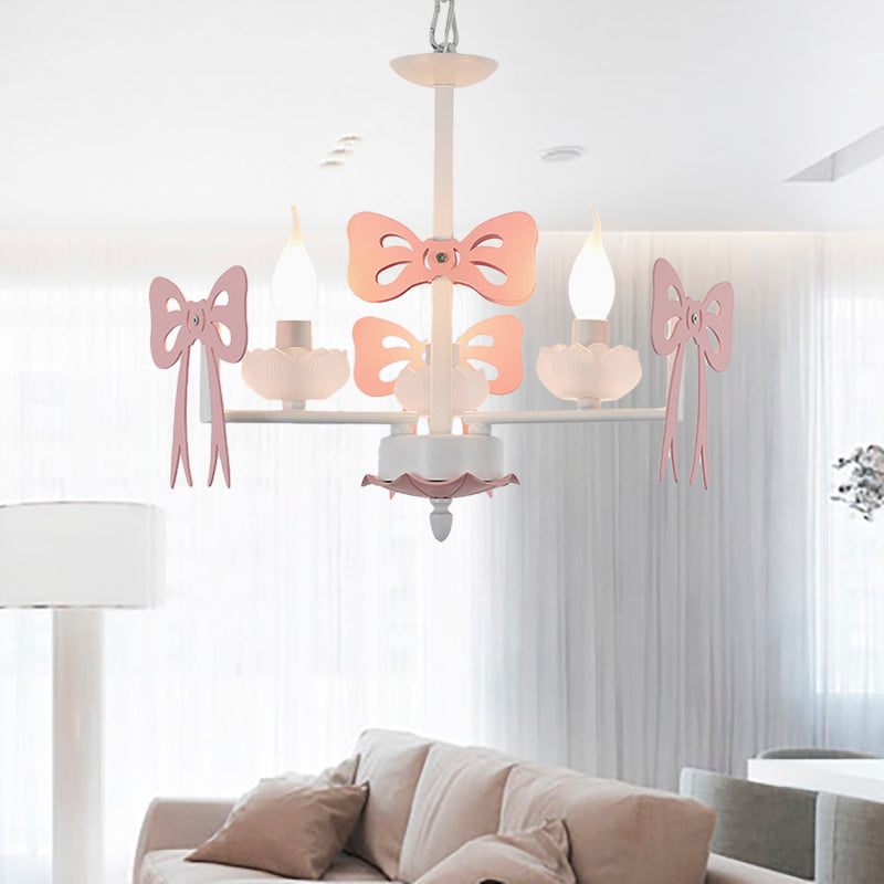 Candle Shape Pendant Light with Bow Kids Contemporary Metal Chandelier for Living Room 3 Pink Clearhalo 'Ceiling Lights' 'Chandeliers' Lighting' options 185988_f6a5e128-6b2a-451f-8d8f-718c5387d7a6