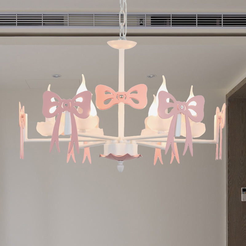 Candle Shape Pendant Light with Bow Kids Contemporary Metal Chandelier for Living Room 6 Pink Clearhalo 'Ceiling Lights' 'Chandeliers' Lighting' options 185995_b72770ab-c8c9-4c0f-b071-2ad02d58f645