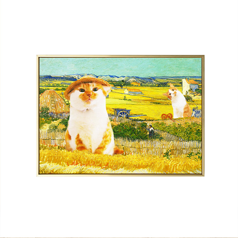 Pop Art Farmer Cat Canvas Yellow House Interior Wall Decor, Multiple Size Options - Clearhalo - 'Arts' - 'Canvas Art' - 1860107