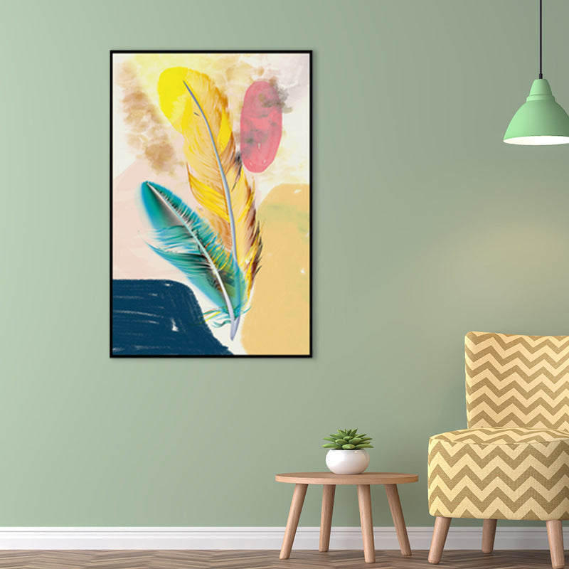 Illustration Nordic Canvas Wall Art with Feather Pattern in Yellow, Multiple Size Options Clearhalo 'Arts' 'Canvas Art' 1860822