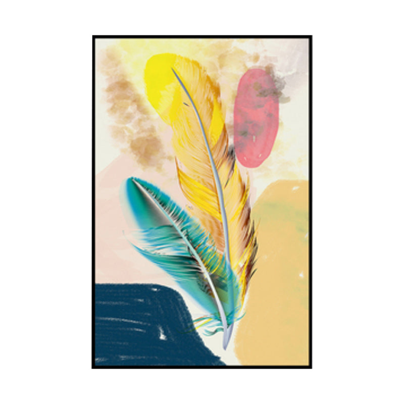 Illustration Nordic Canvas Wall Art with Feather Pattern in Yellow, Multiple Size Options Clearhalo 'Arts' 'Canvas Art' 1860823