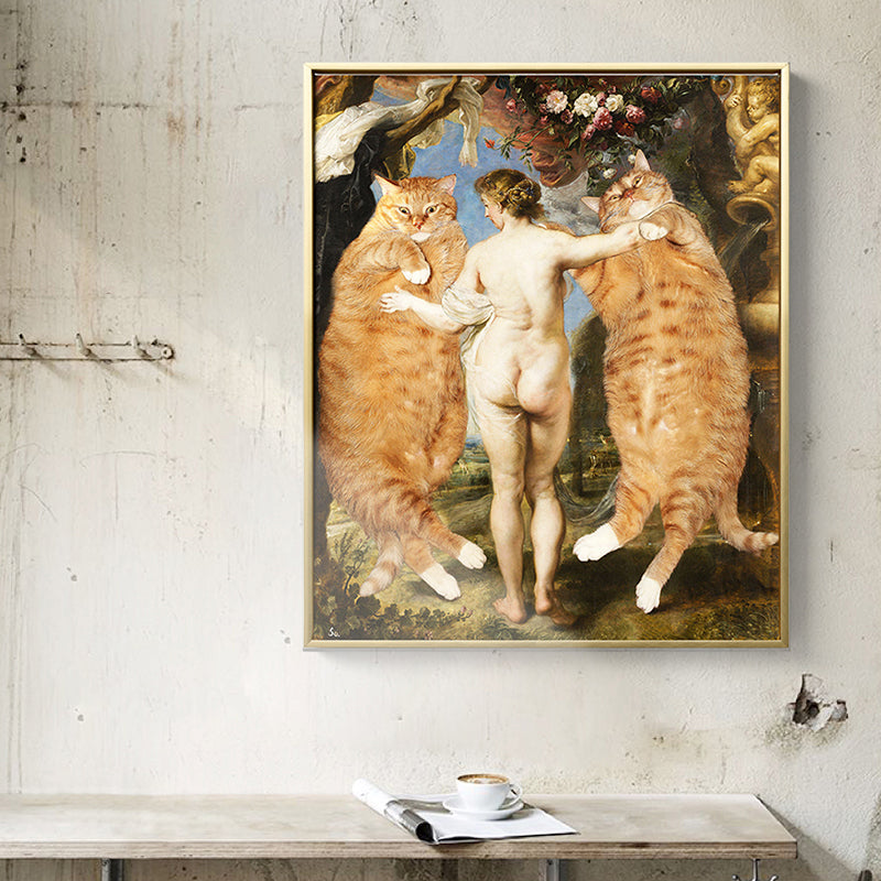 Spoof Oil Painting Cats Canvas for House Interior Animal and Woman Wall Art Decor in Brown Brown Clearhalo 'Arts' 'Canvas Art' 1860848