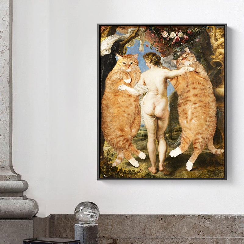 Spoof Oil Painting Cats Canvas for House Interior Animal and Woman Wall Art Decor in Brown Clearhalo 'Arts' 'Canvas Art' 1860849