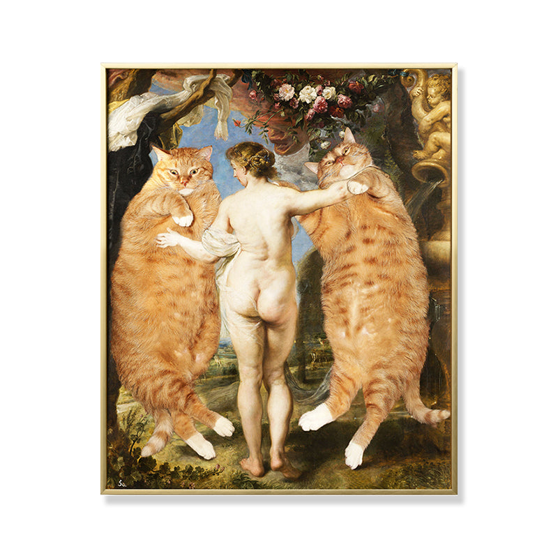 Spoof Oil Painting Cats Canvas for House Interior Animal and Woman Wall Art Decor in Brown Clearhalo 'Arts' 'Canvas Art' 1860851