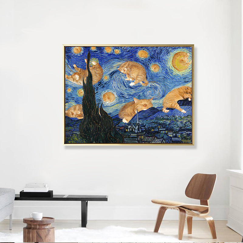 Starry Night with Cat Canvas Art Funky Funny Van Gogh Painting Wall Decor in Blue Blue Clearhalo 'Arts' 'Canvas Art' 1860862