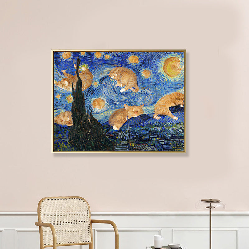 Starry Night with Cat Canvas Art Funky Funny Van Gogh Painting Wall Decor in Blue Clearhalo 'Arts' 'Canvas Art' 1860863