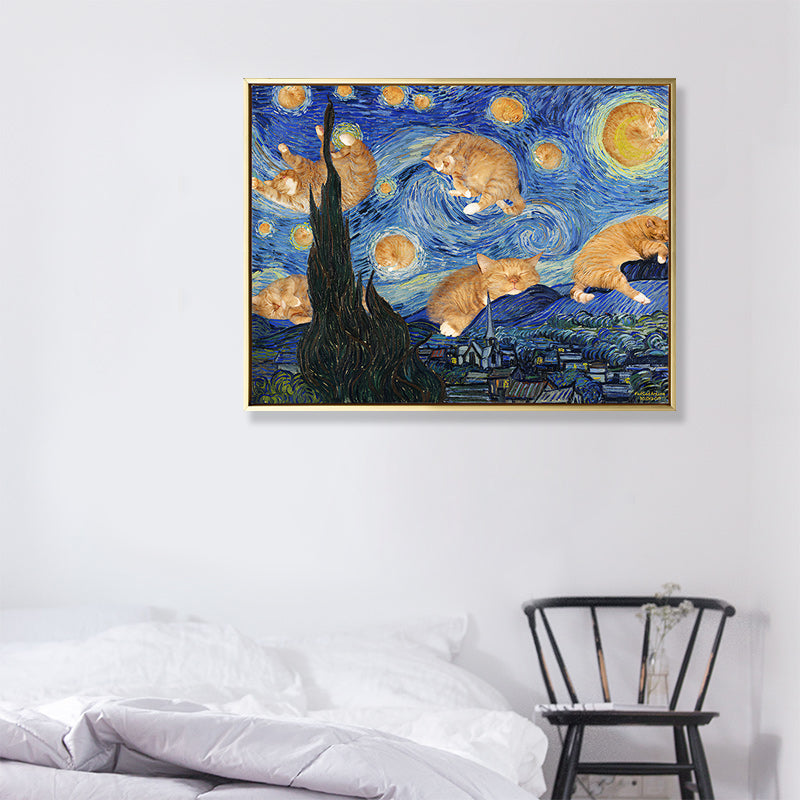 Starry Night with Cat Canvas Art Funky Funny Van Gogh Painting Wall Decor in Blue Clearhalo 'Arts' 'Canvas Art' 1860864