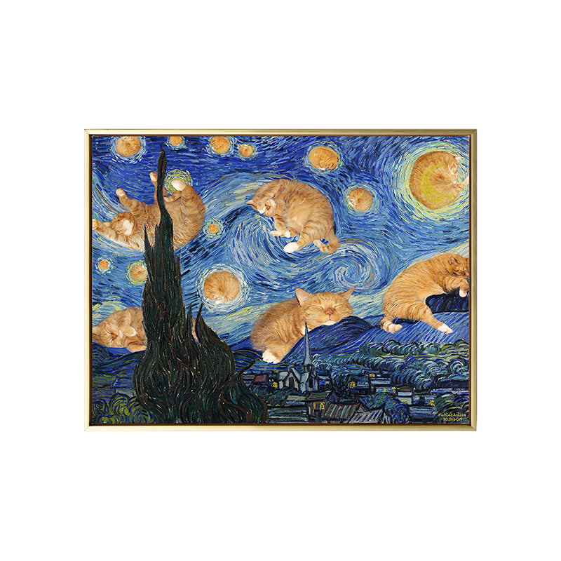 Starry Night with Cat Canvas Art Funky Funny Van Gogh Painting Wall Decor in Blue Clearhalo 'Arts' 'Canvas Art' 1860865