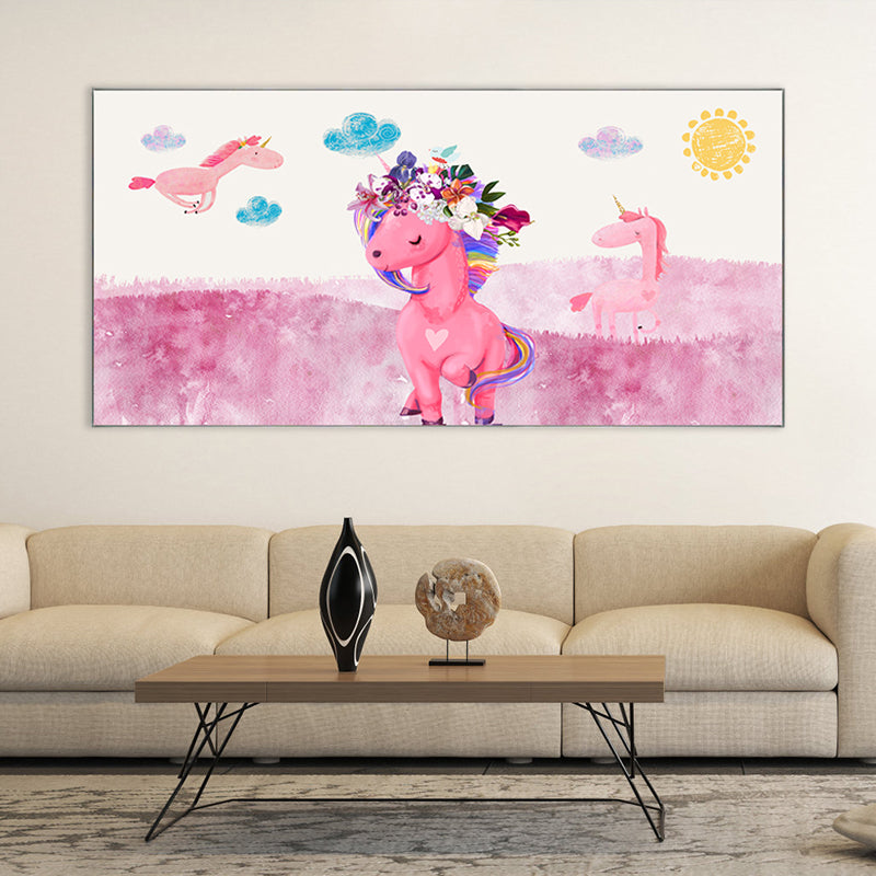 Cartoon Animal Canvas Print Pastel Color Fairy Tale Wall Art Decor for Nursery School Clearhalo 'Art Gallery' 'Canvas Art' 'Kids' Arts' 1861291