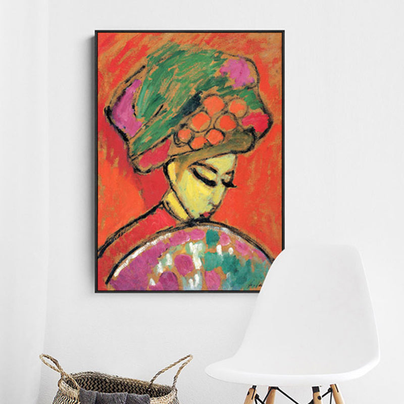 Hatted Girl with Fan Wall Art Living Room Figure Canvas Print in Red, Multiple Sizes Red Clearhalo 'Arts' 'Canvas Art' 1861367