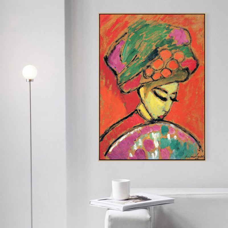 Hatted Girl with Fan Wall Art Living Room Figure Canvas Print in Red, Multiple Sizes Clearhalo 'Arts' 'Canvas Art' 1861368